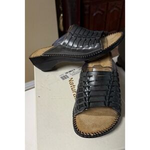 Naturalizer Leather Slide Sandal Heel Open Toe Blue slate Slip On Wedge Shoes 6M